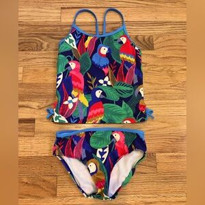 Mini Boden Ruched Tankini Set in Tropical Birds print. Size 8/9.